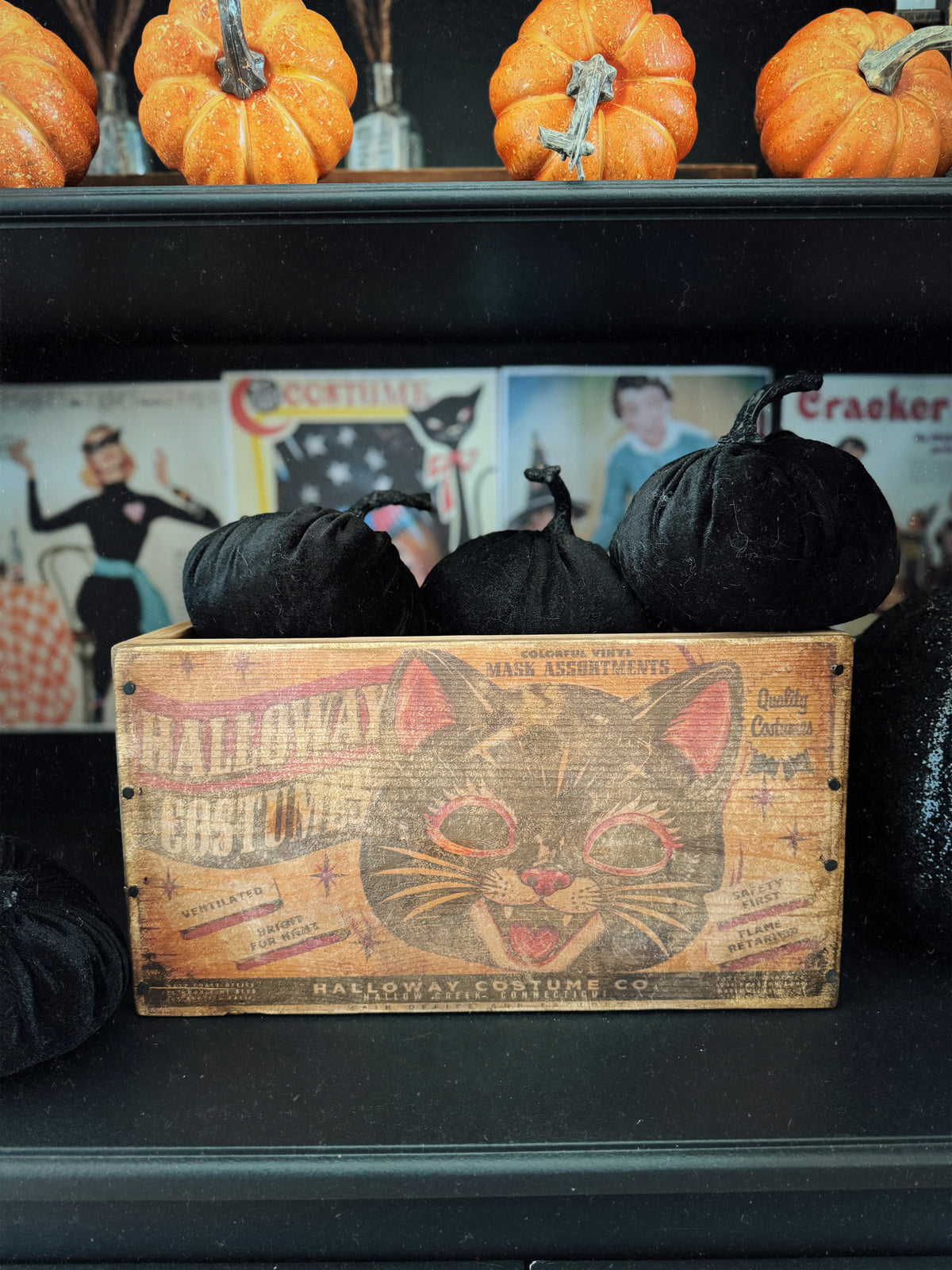 Vintage Halloween Black Cat Wooden Crate | Retro Halloween Decor