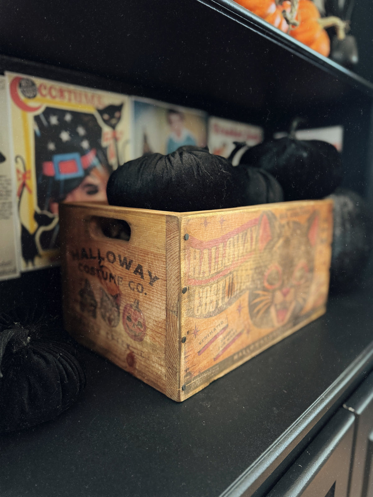 Vintage Halloween Black Cat Wooden Crate | Retro Halloween Decor